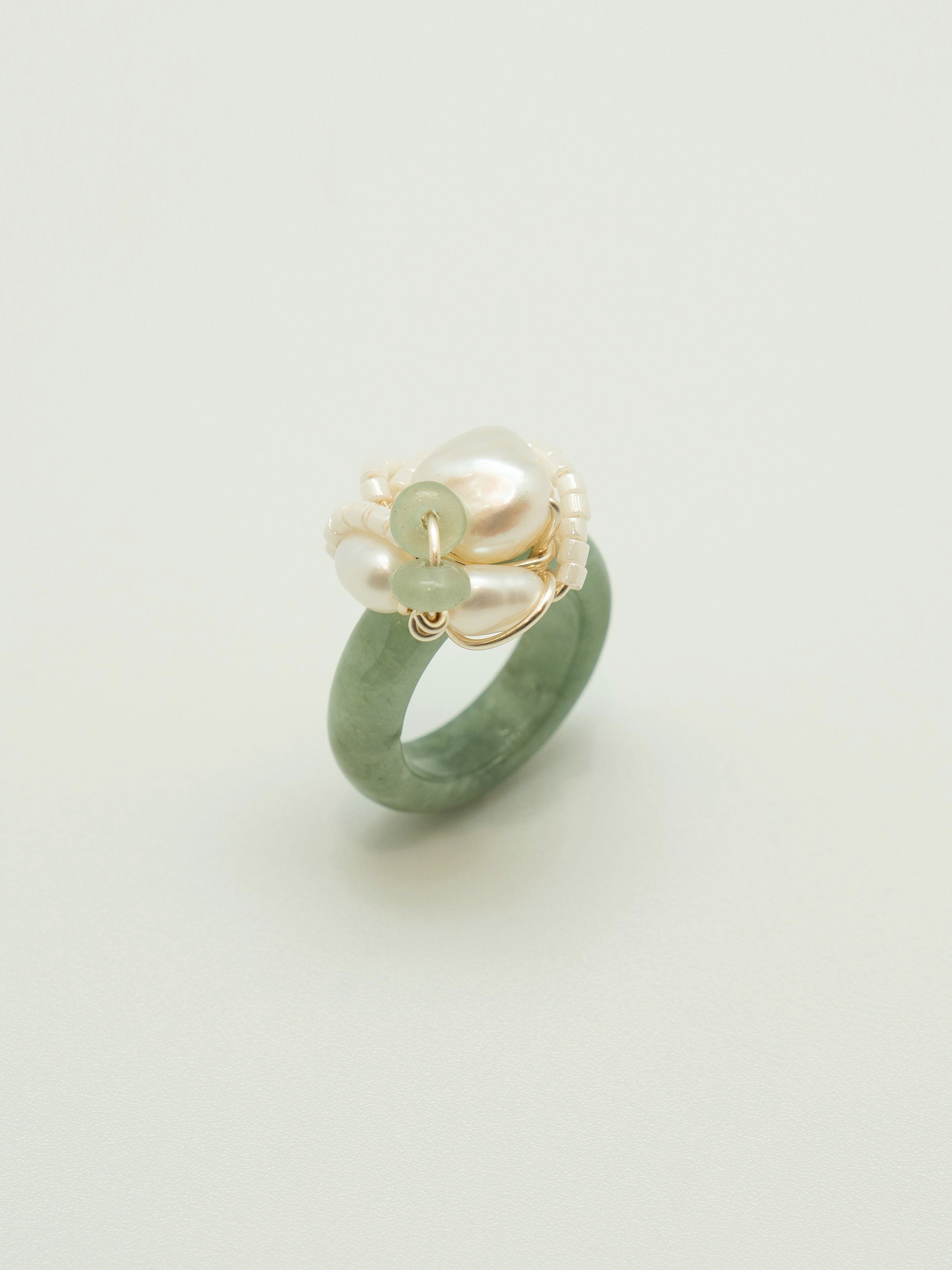 One of a kind jade ring with pearls, green beryl rondelle, toho seed beads.