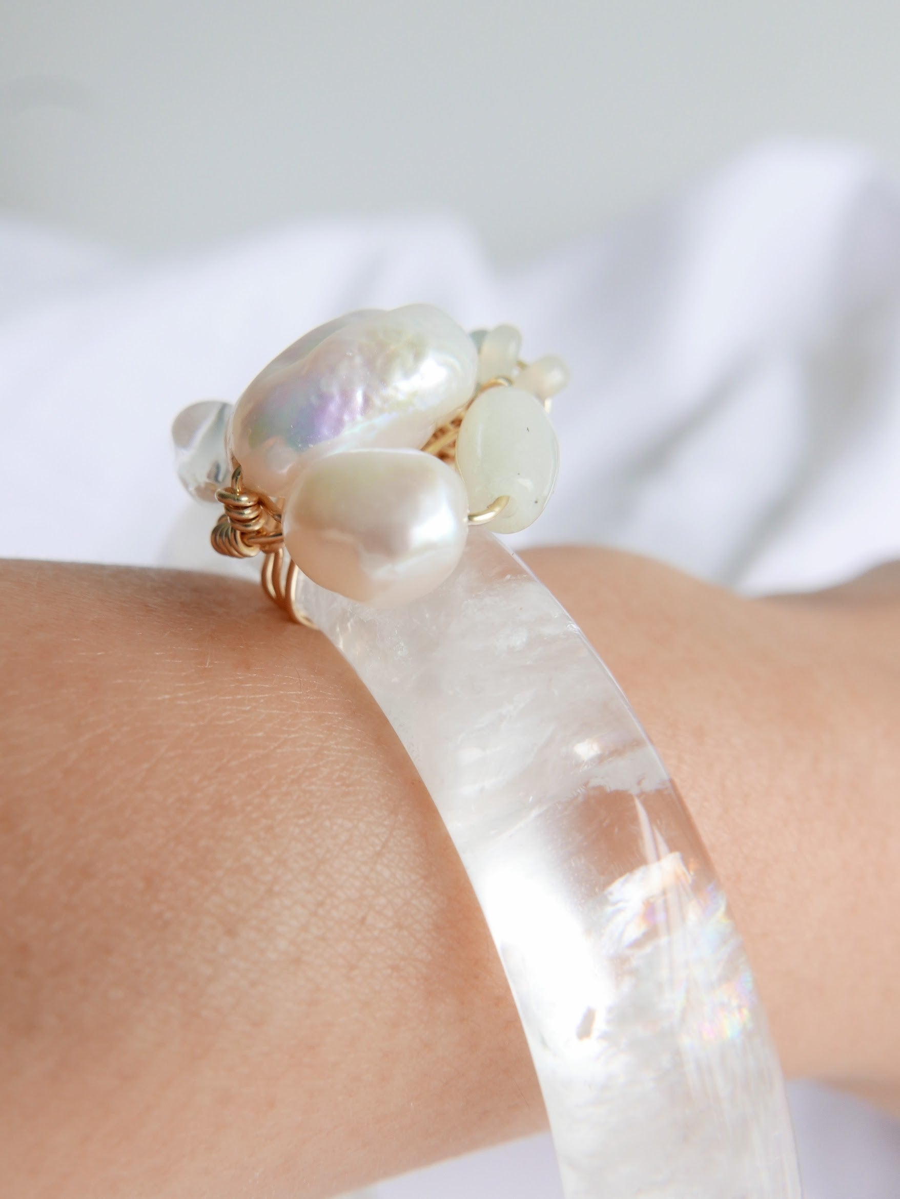 Women's Silver Quartz Bangle Art Jewelry - Keshi Pearl