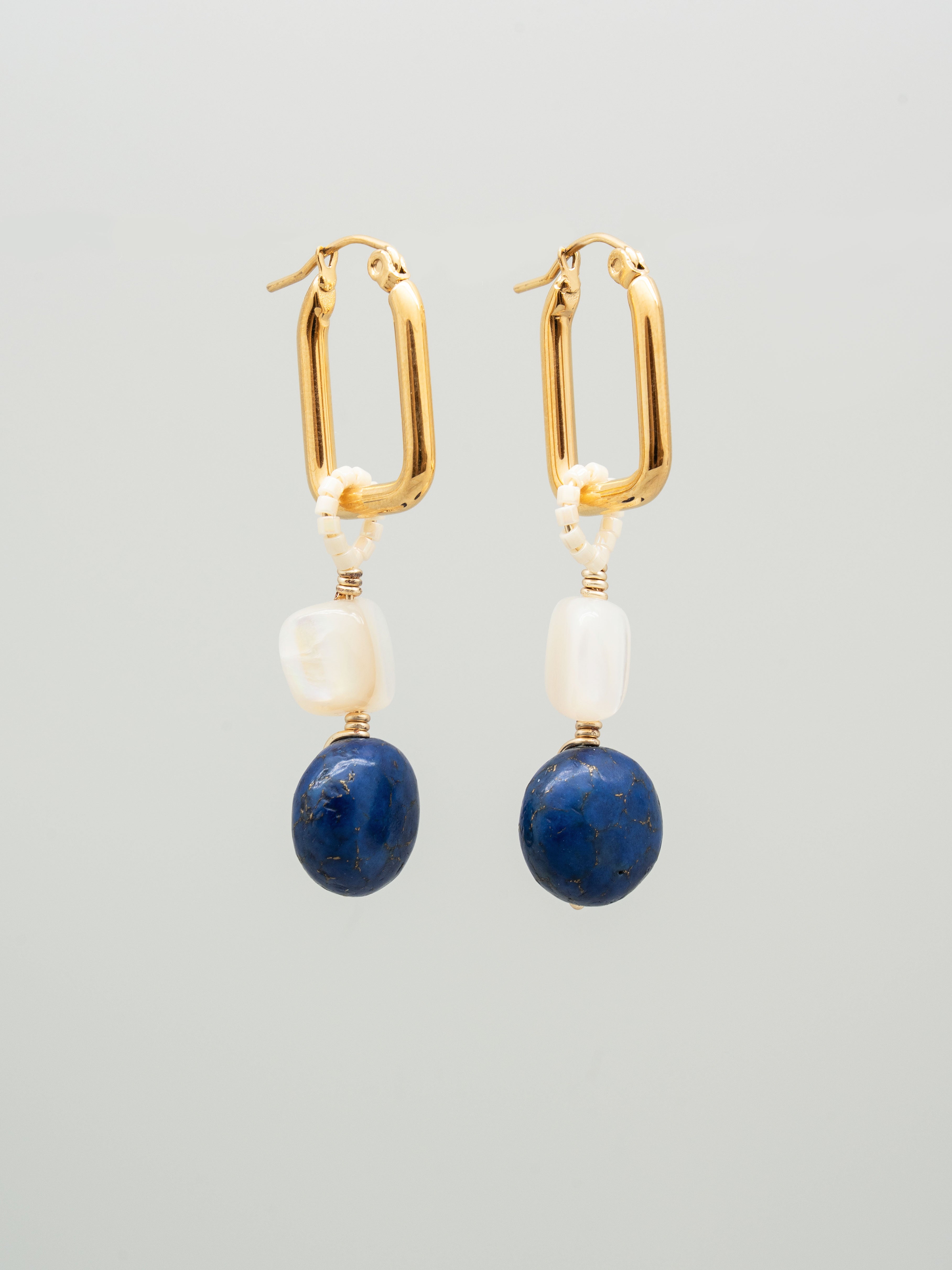 Pair of earrings with lapis lazuli mother of pearl shell and toho seed beads, one of a kind