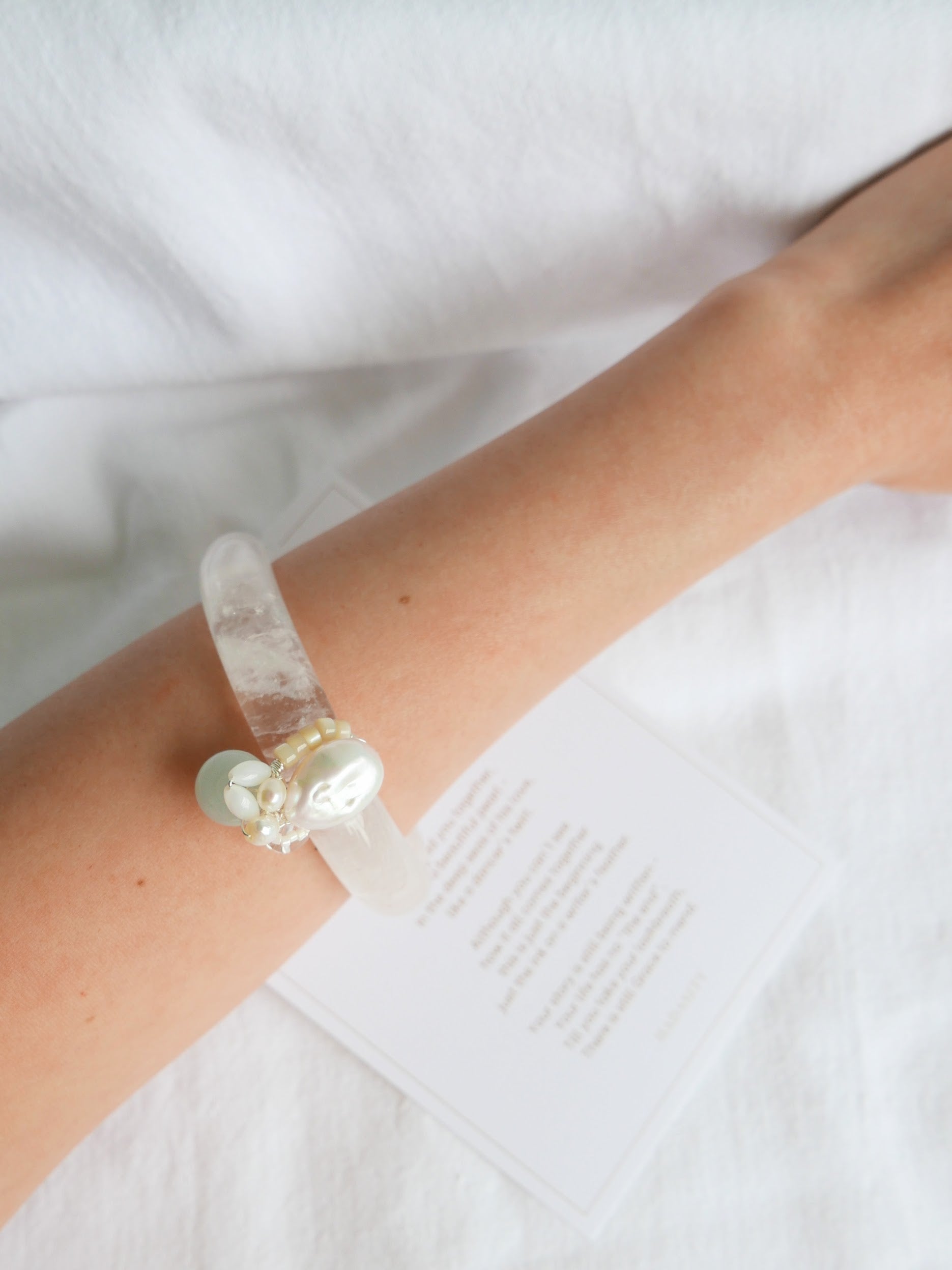 Women's Silver Quartz Bangle Art Jewelry - Keshi Pearl, AA Jade