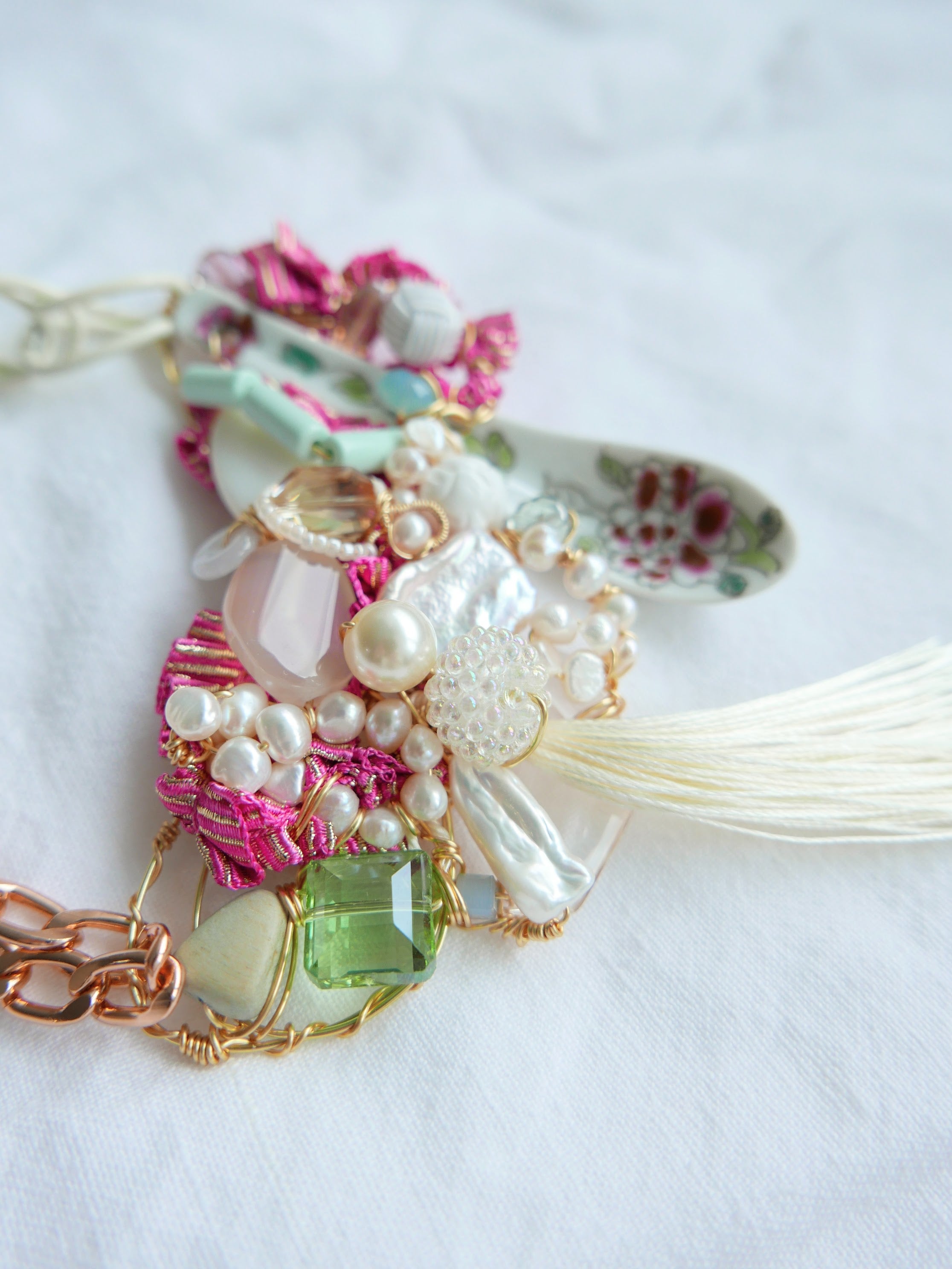 Women's bespoke one-of-a-kind statement necklace with porcelain spoon