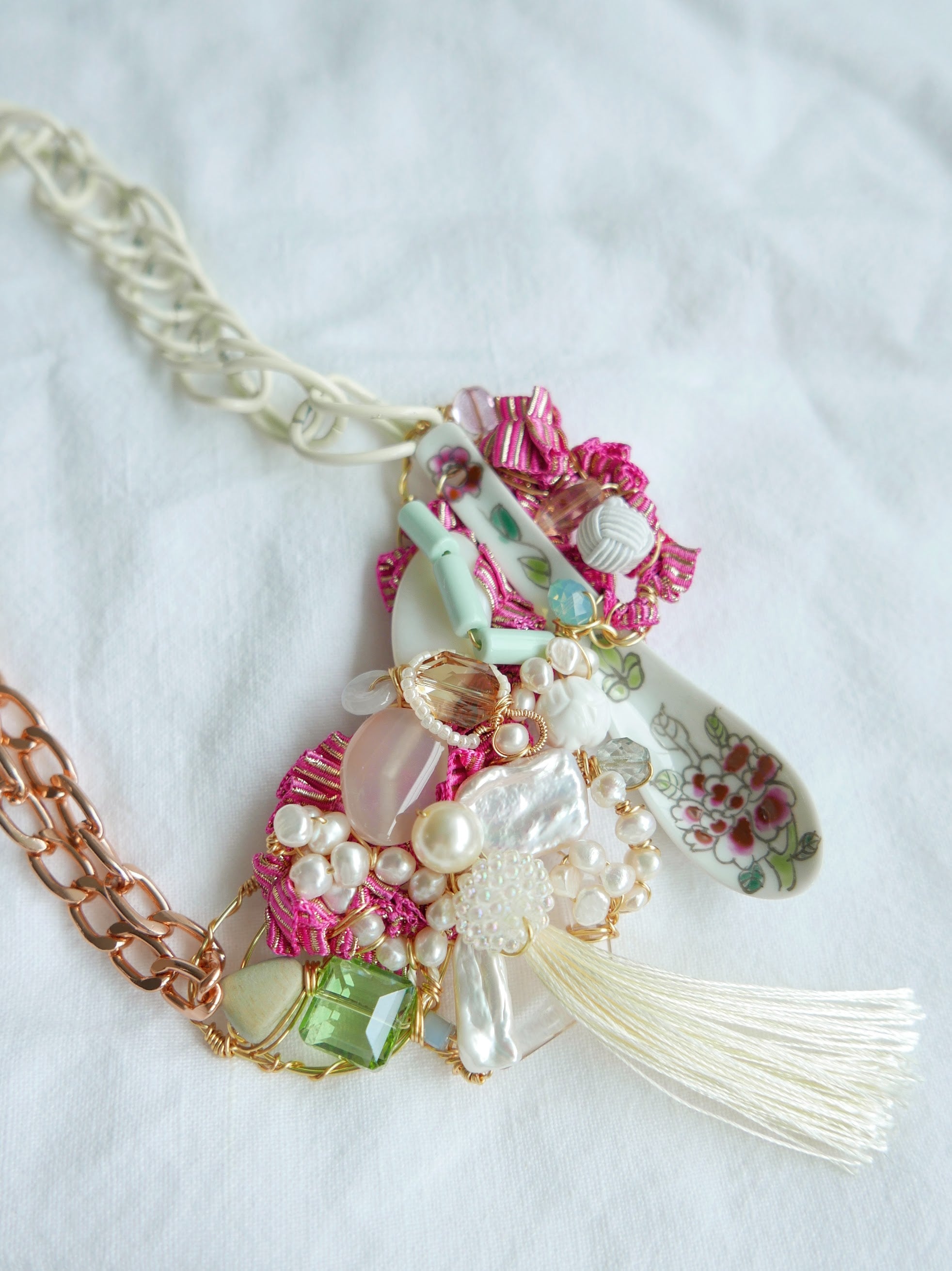Women's bespoke one-of-a-kind statement necklace with porcelain spoon