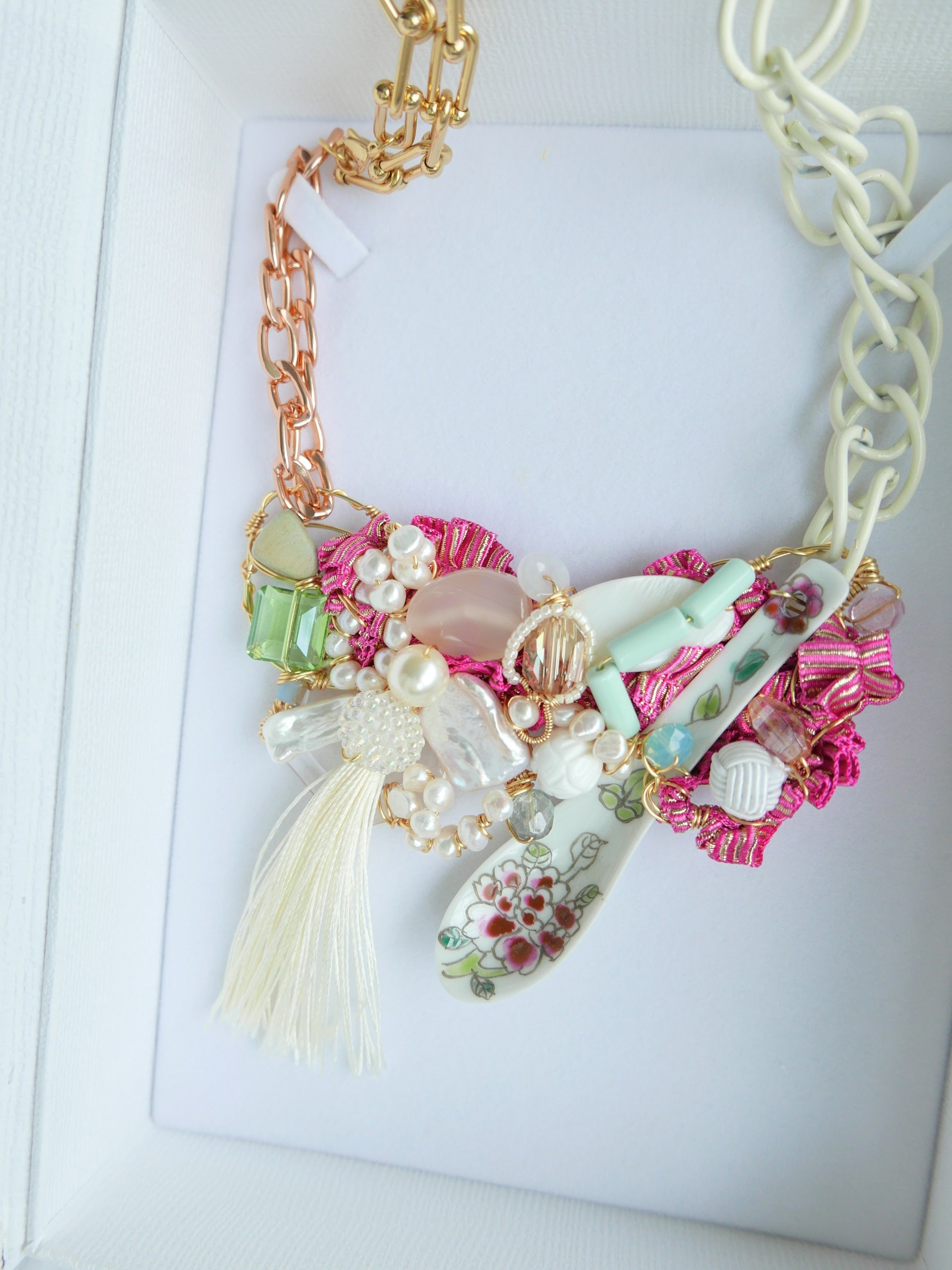 Women's bespoke one-of-a-kind statement necklace with porcelain spoon