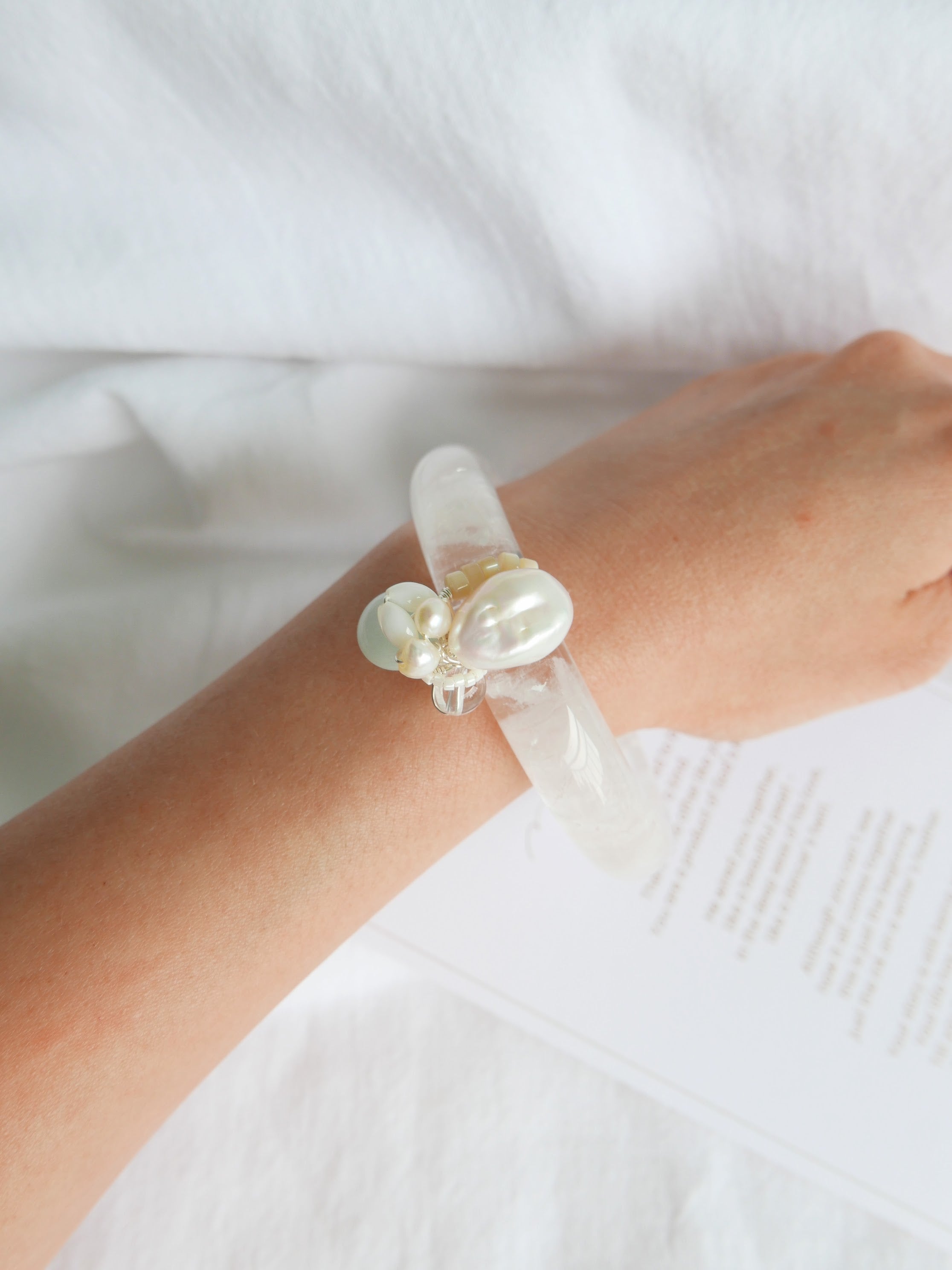 Women's Silver Quartz Bangle Art Jewelry  - Keshi Pearl, AA Jade