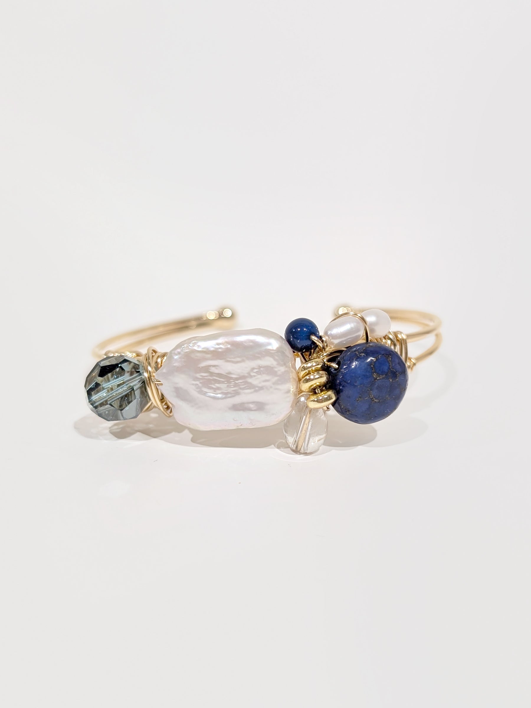 Breathe | Pearls Lapis Lazuli Swarovski Art Cuff Bangle - One Of A Kind