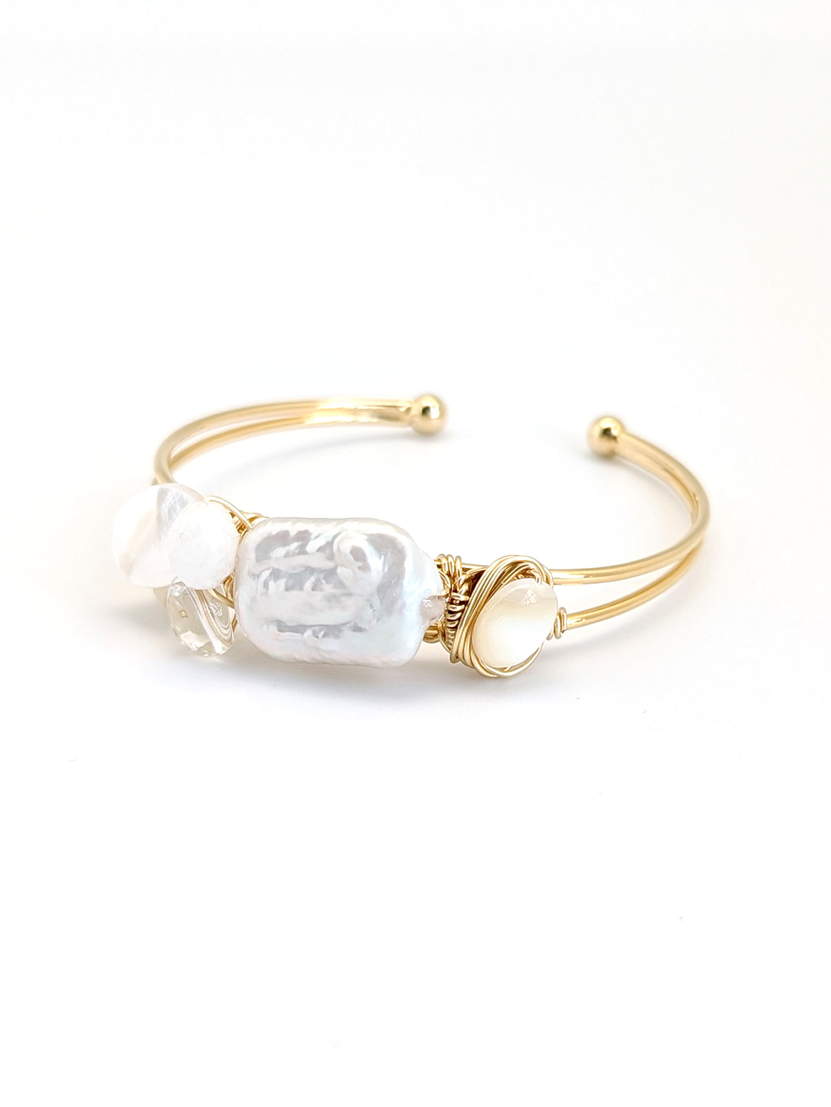Afresh | Pearl Agate Clear Quartz Art Cuff Bangle - One Of A Kind