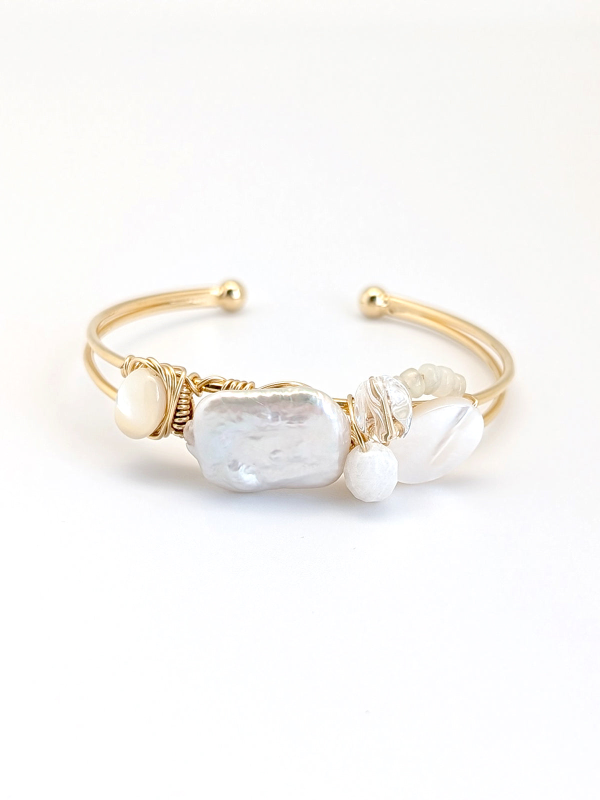 Afresh | Pearl Agate Clear Quartz Art Cuff Bangle - One Of A Kind