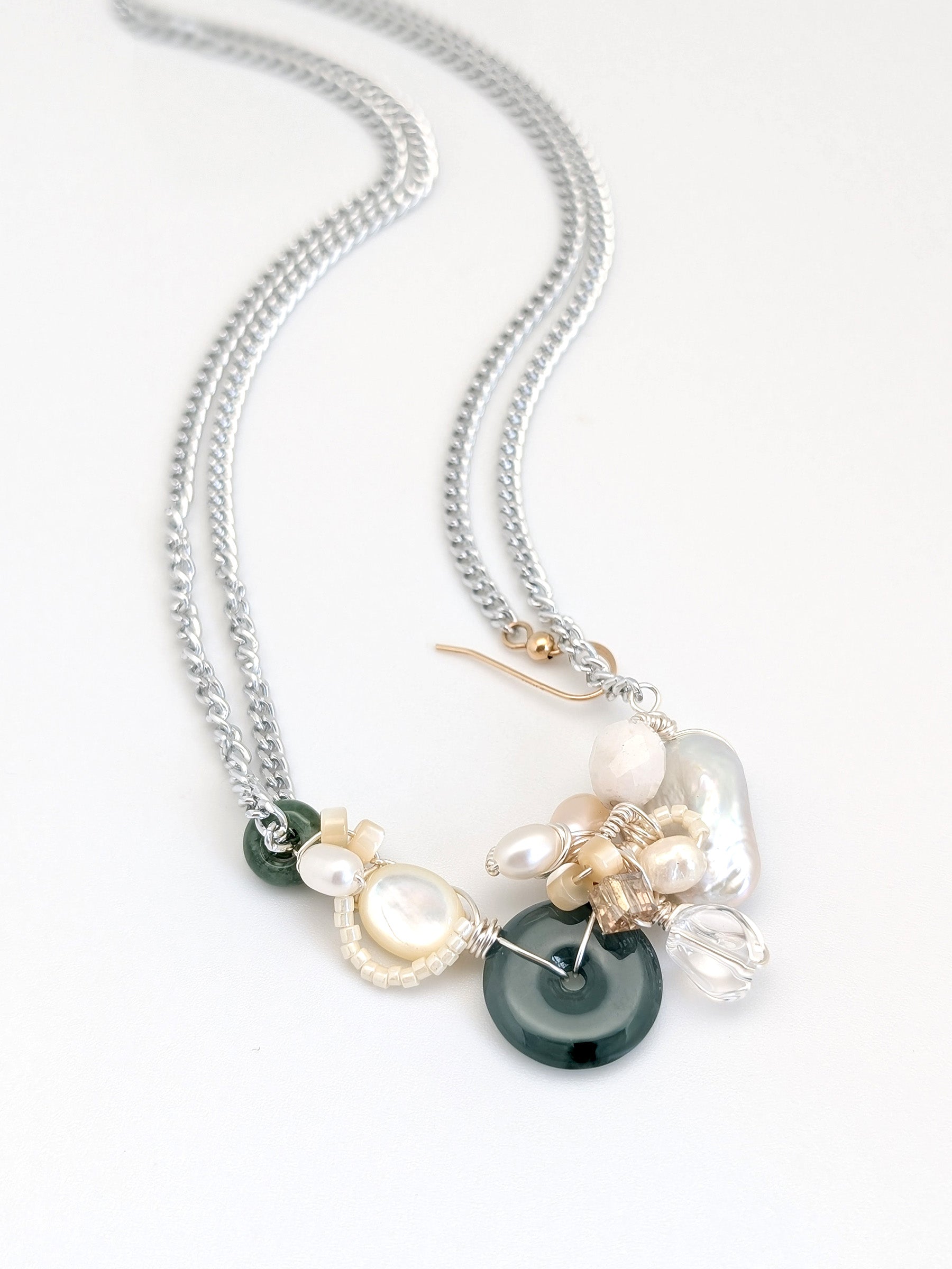 Deep Green Jade Doughnut With Pearls And Mother Of Pearl Necklace | One Of A Kind