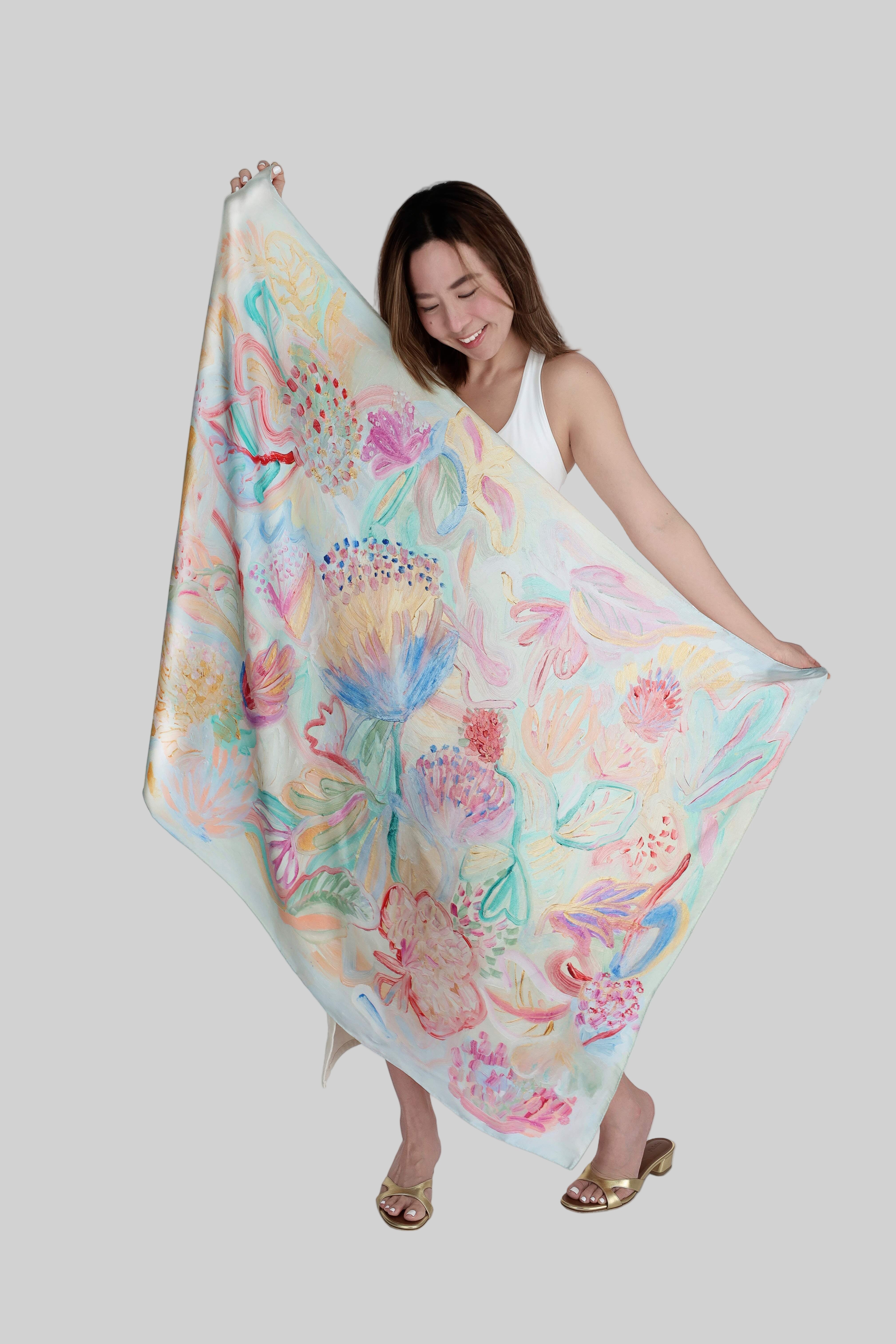 Multicolour women's mulberry silk scarf designed from canvas oil painting by Hadassah Lau at Hadasity at Tanglin Mall Singapore.