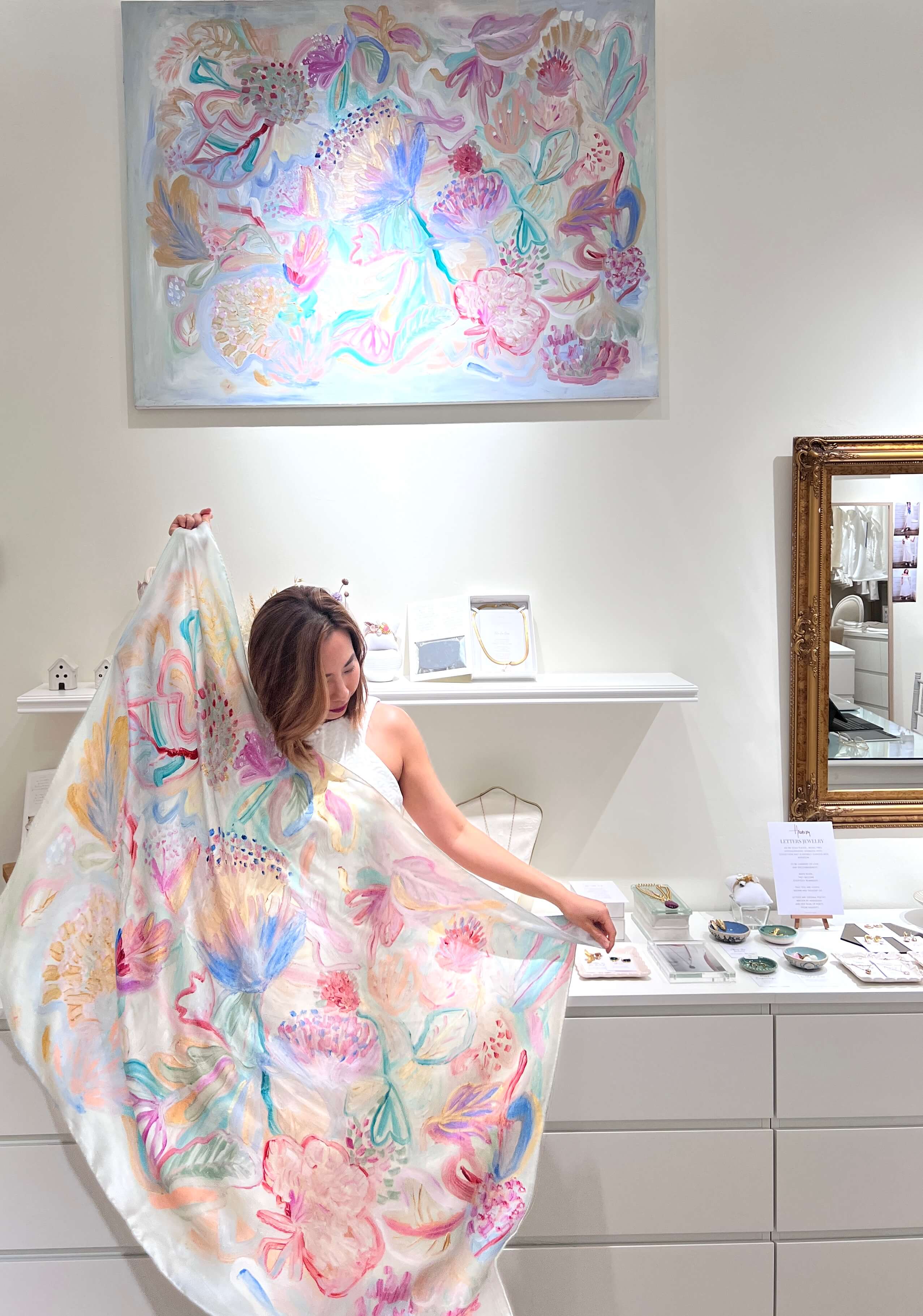 Multicolour women's mulberry silk scarf designed from canvas oil painting by Hadassah Lau at Hadasity at Tanglin Mall Singapore.