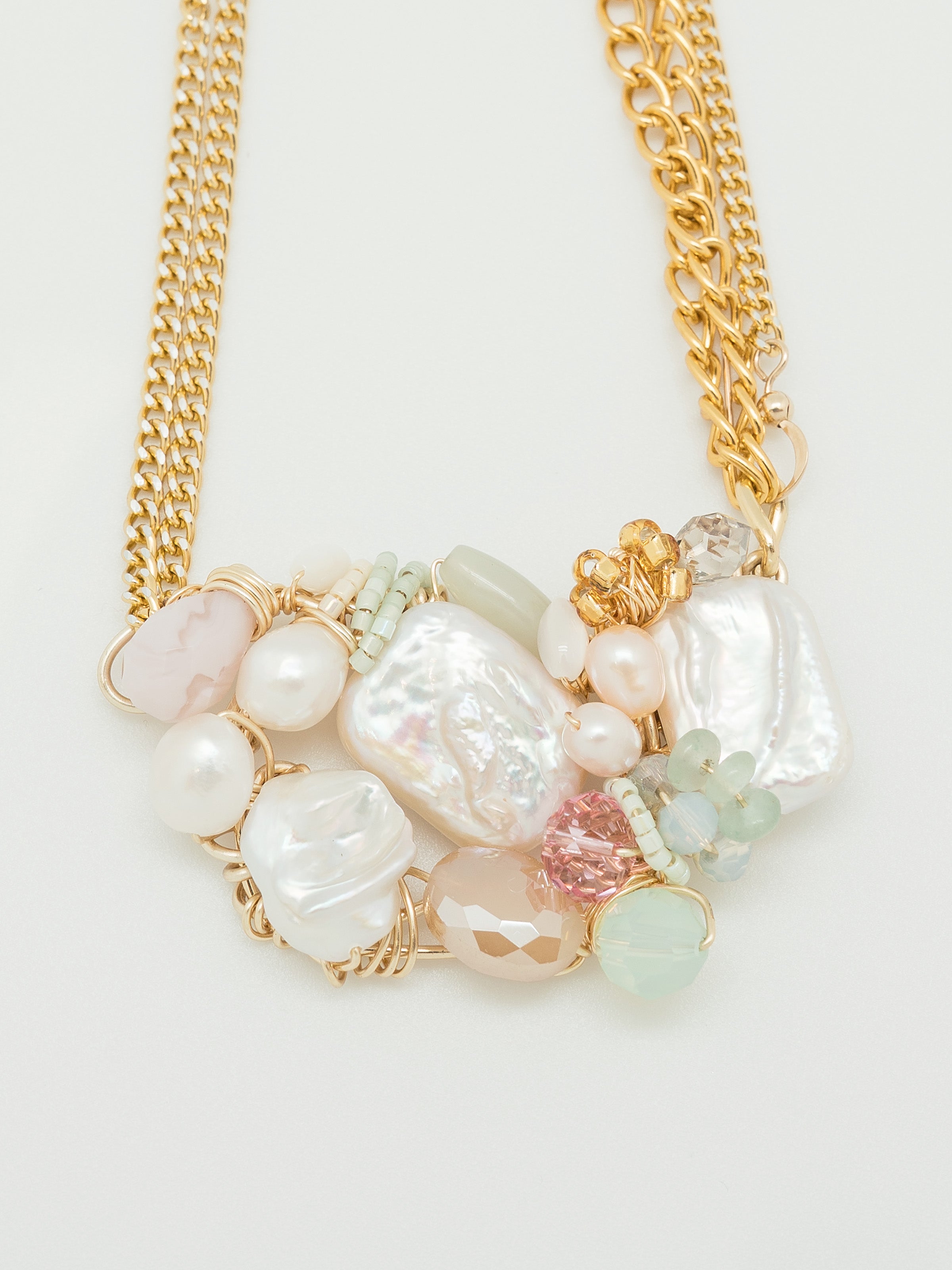 One of a kind necklace with baroque pearl, freshwater pearl, swarovski crystal, jade rondelle, toho seed beads, glass seed beads, aluminium chain.