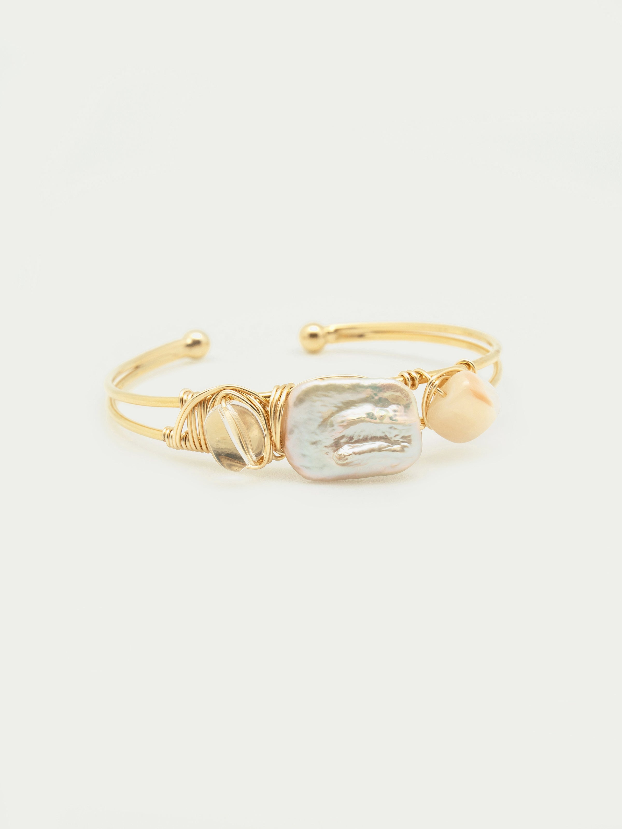 Gold cuff bangle with pearl, clear quartz, mother of pearl. One of a kind.