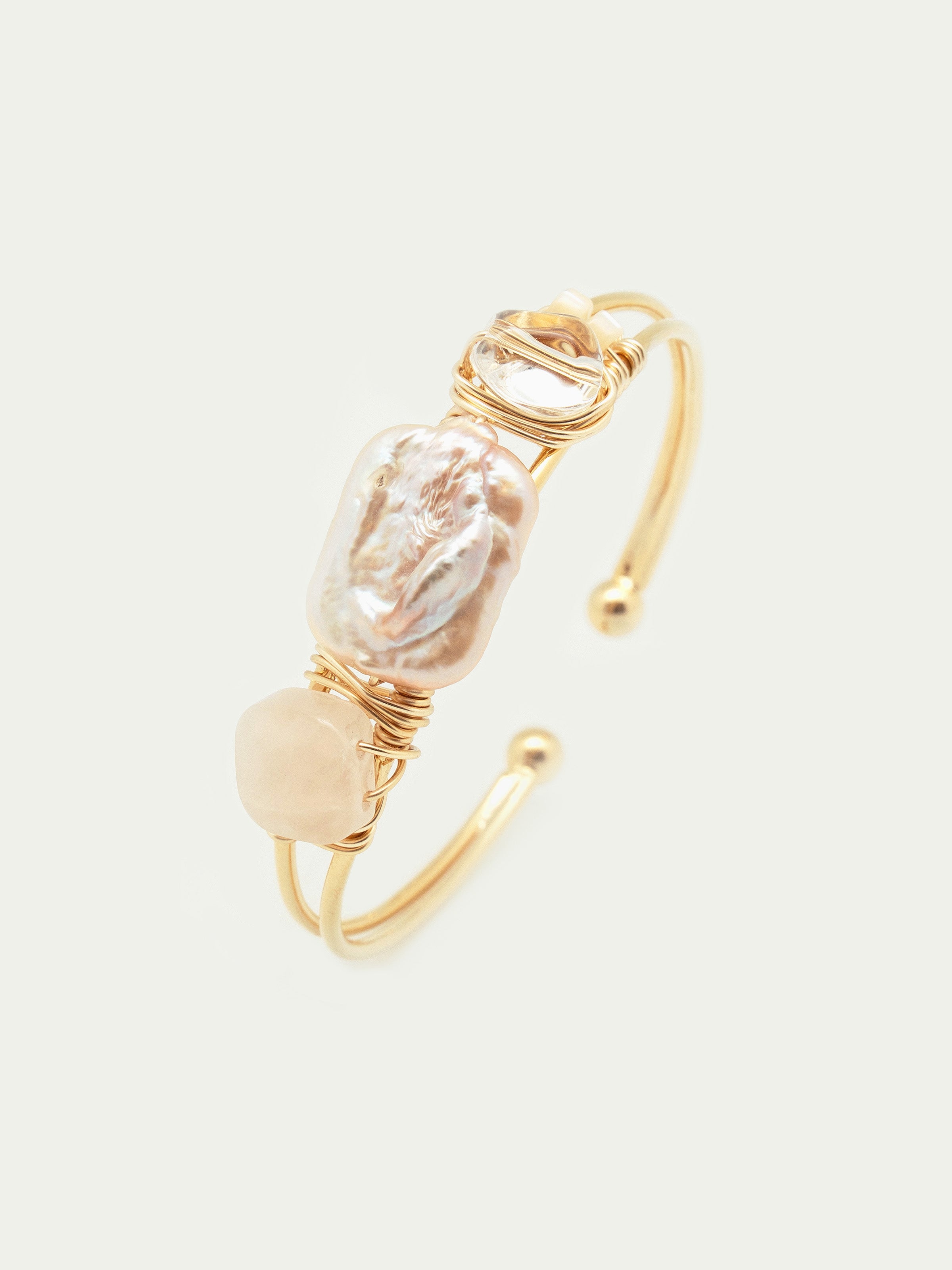 Gold cuff bangle with pearl, clear quartz, mother of pearl. One of a kind.