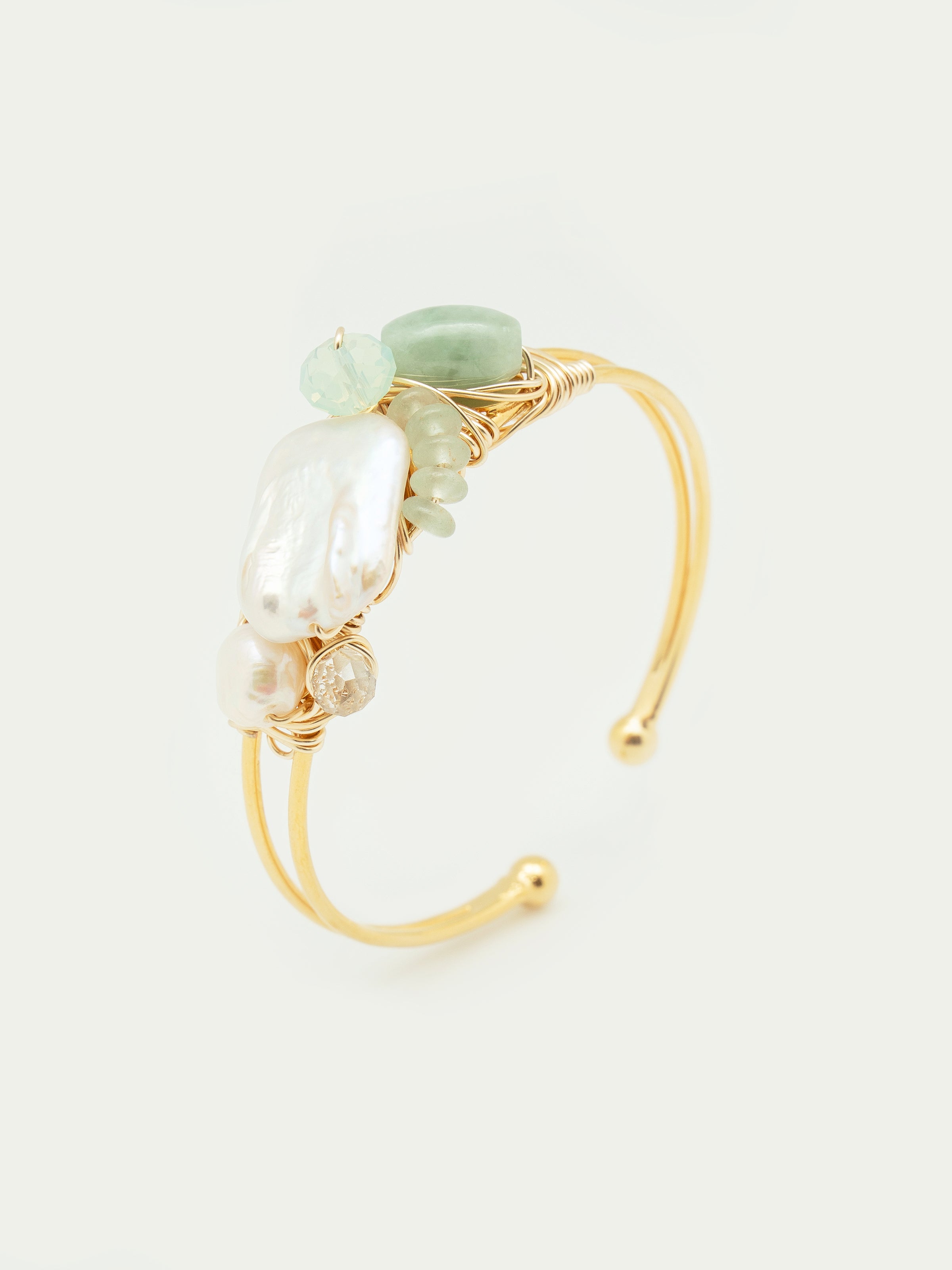 Gold cuff bangle with pearls, jade, green beryl rondelles, swarovski rondelle. One of a kind.