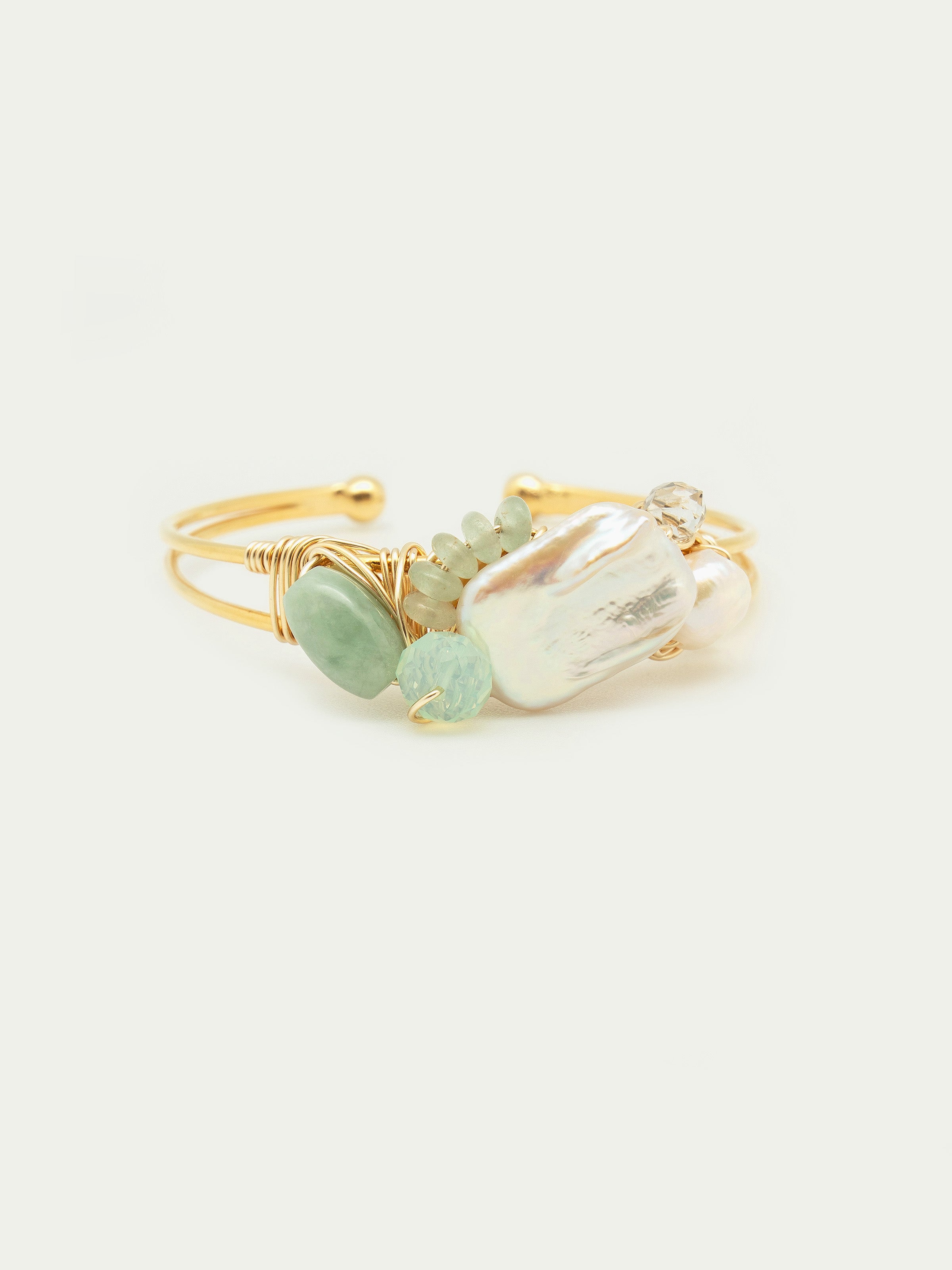 Gold cuff bangle with pearls, jade, green beryl rondelles, swarovski rondelle. One of a kind.