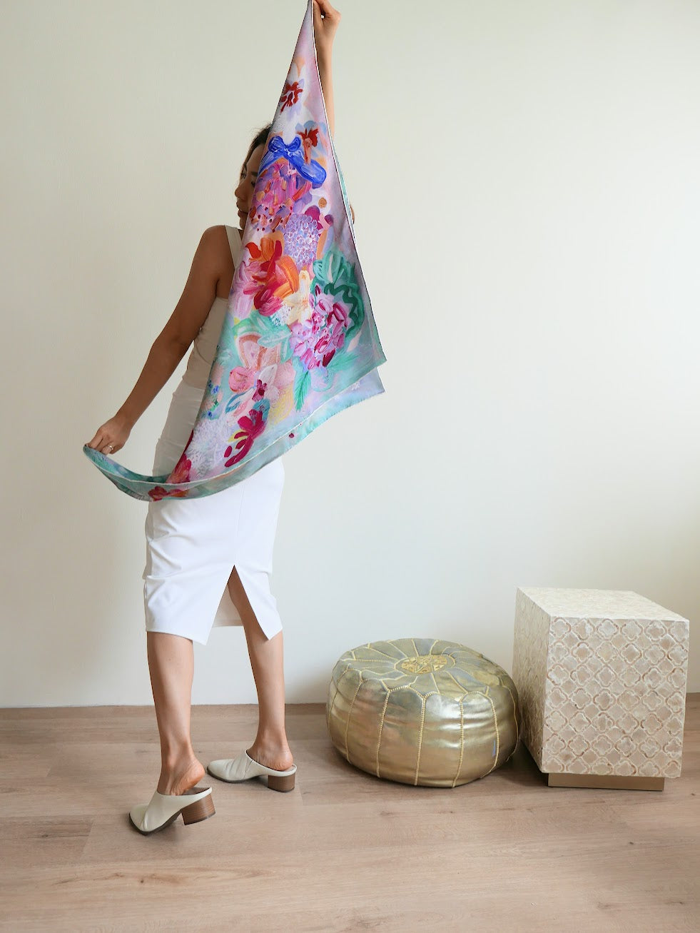 Multicolour women's mulberry silk scarf designed from canvas oil painting by Hadassah Lau at Hadasity at Tanglin Mall Singapore.