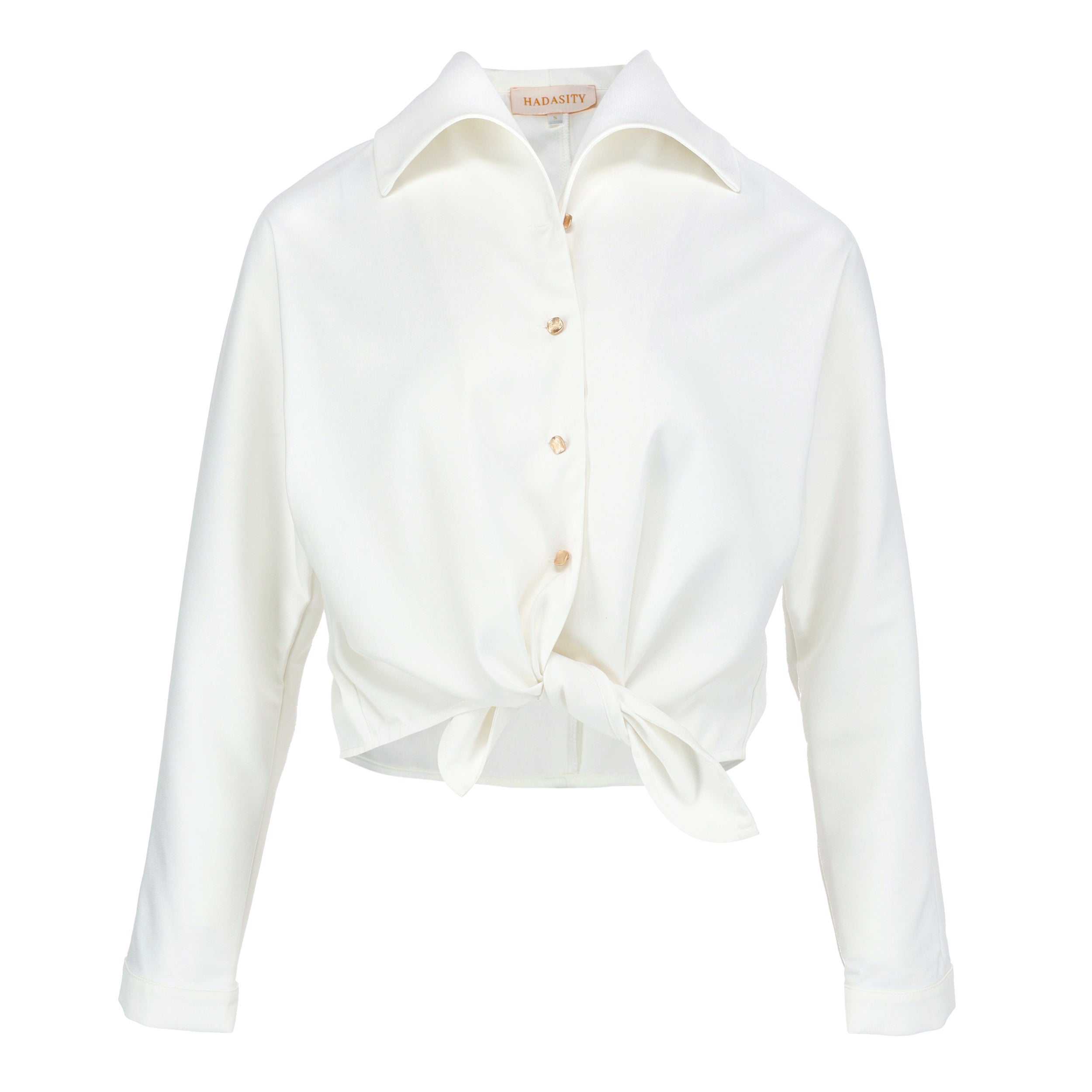 Women's white polyester rayon elegant shirt with wide collar and gold buttons, inspired by Audrey Hepburn