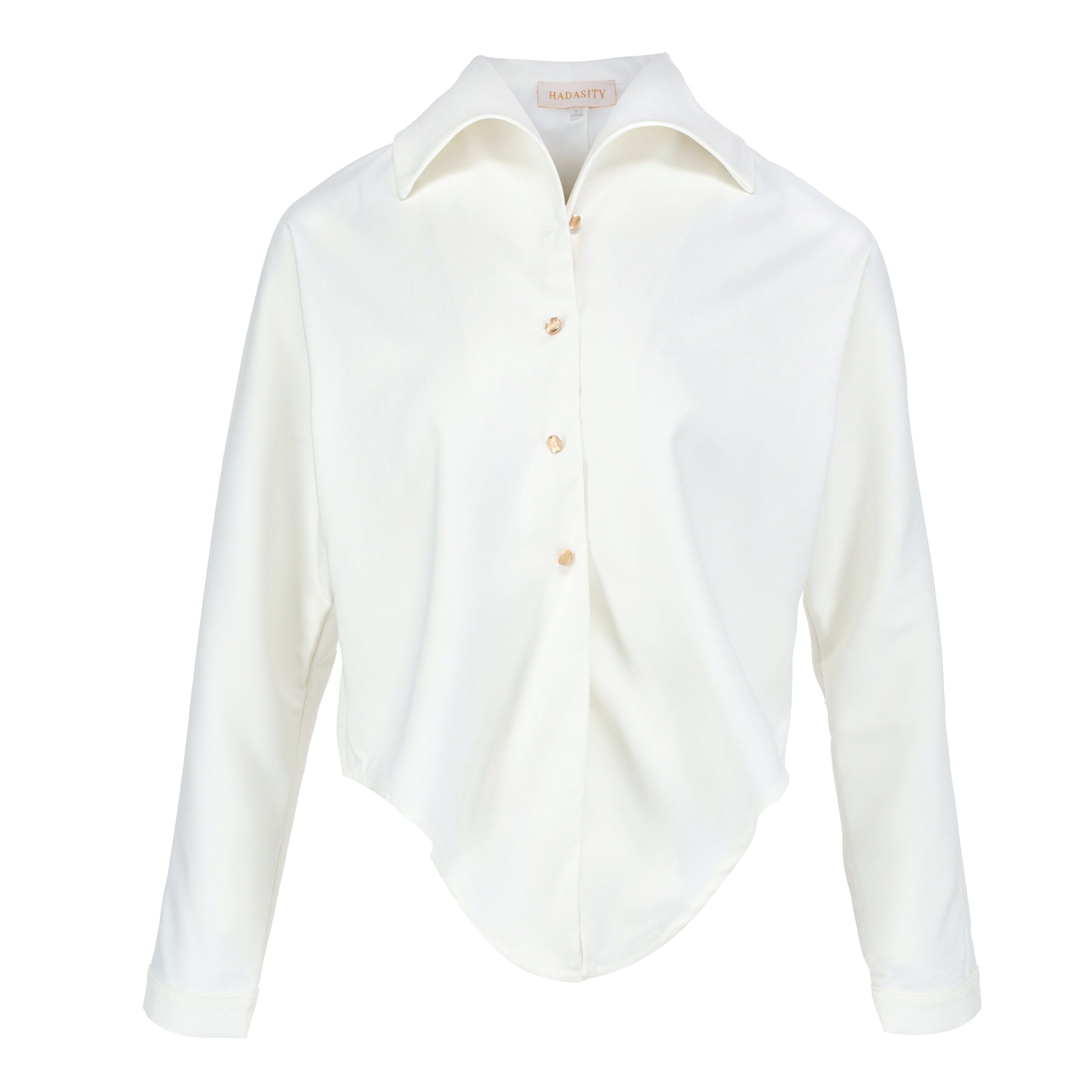 Women's white polyester rayon elegant shirt with wide collar and gold buttons, inspired by Audrey Hepburn