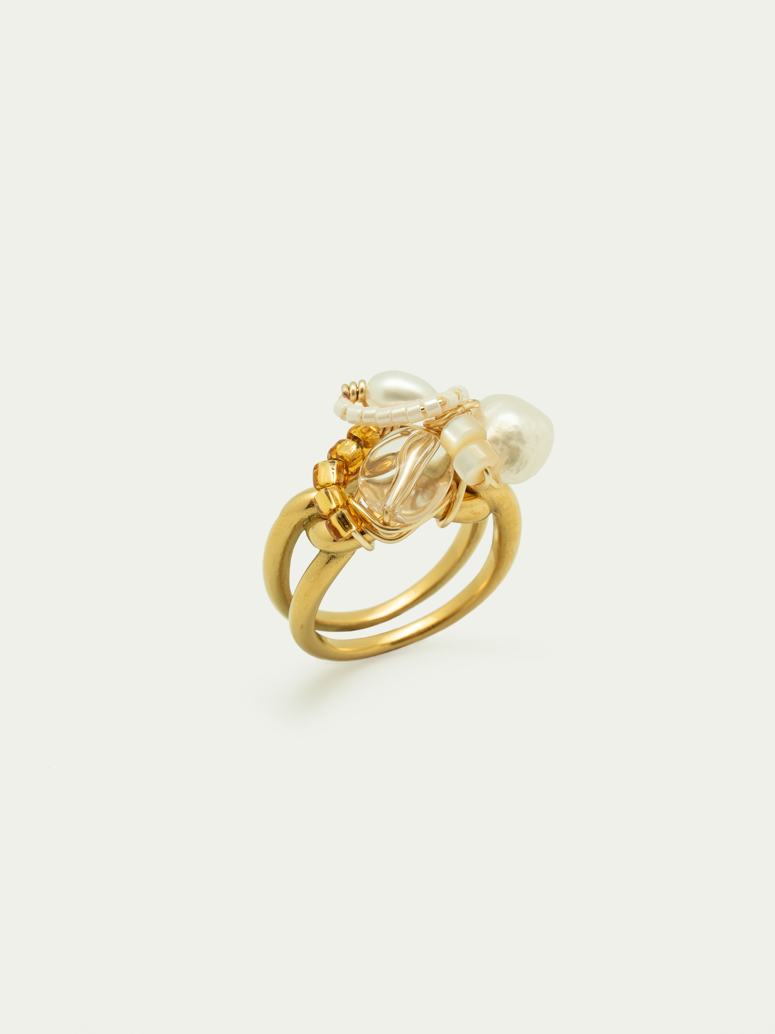 Intertwined | Clear Quartz And Pearls Art Ring - One Of A Kind