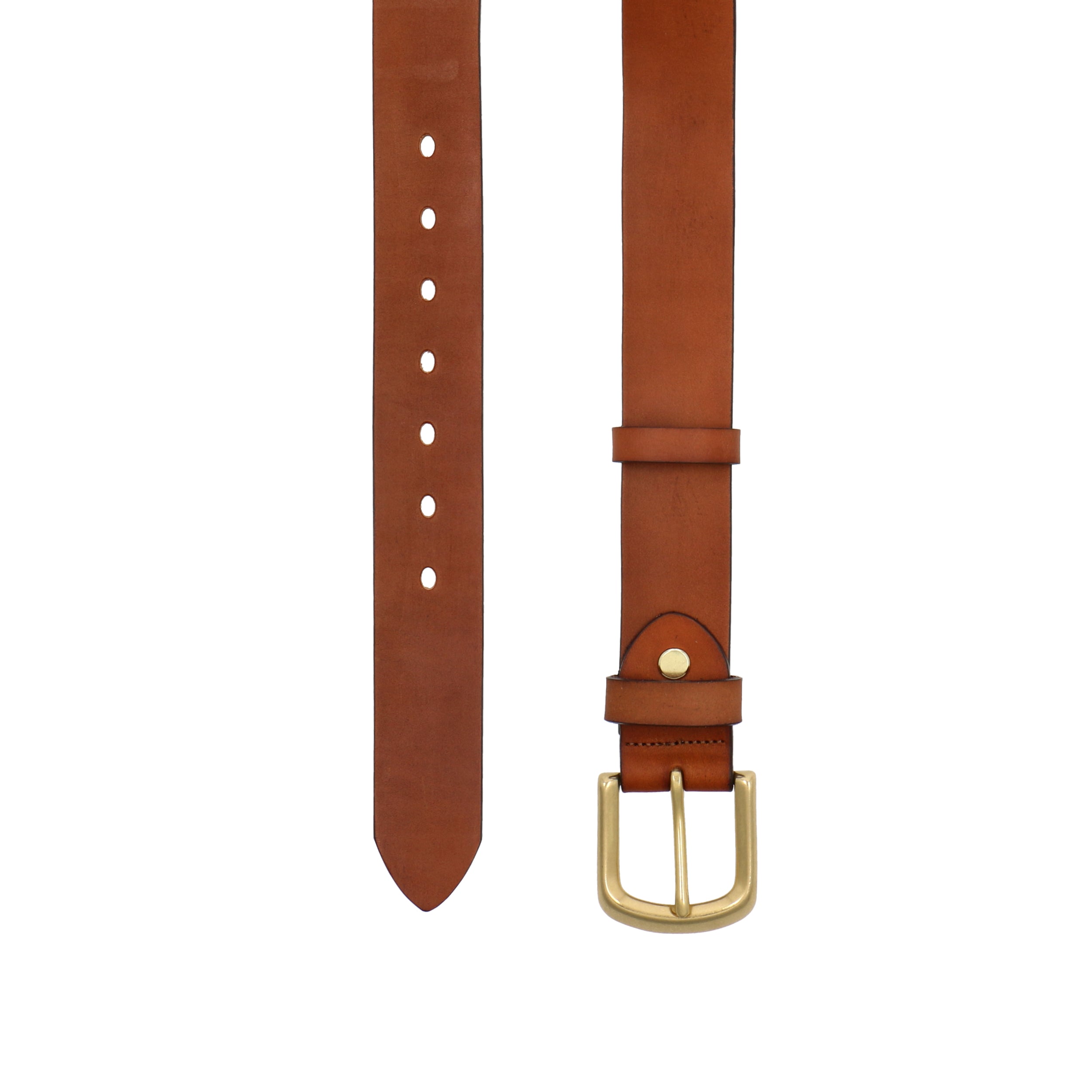 Women's bespoke high waisted belt with gold brass buckle, made with genuine tan brown leather.