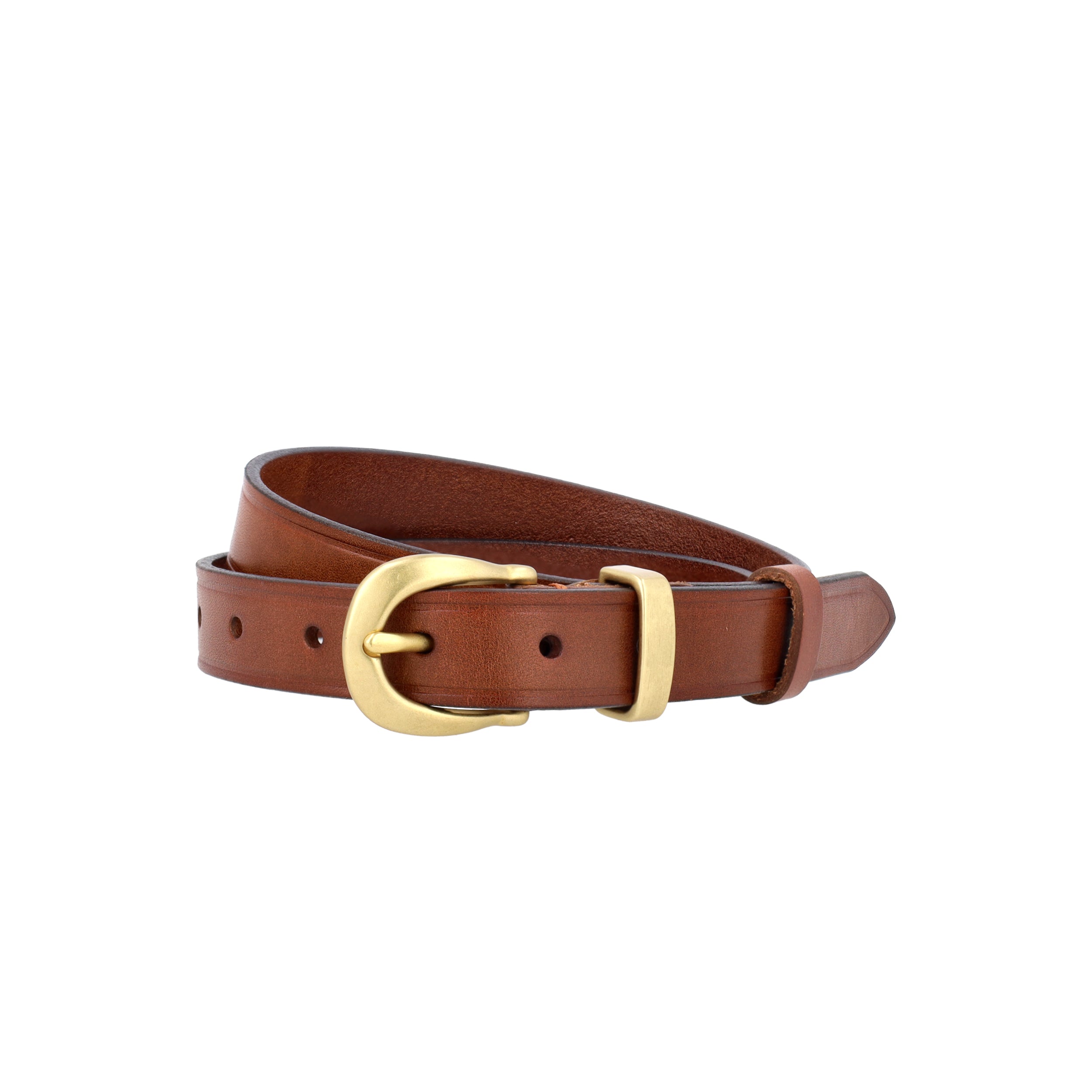 Brown leather belt with a gold buckle on a white background